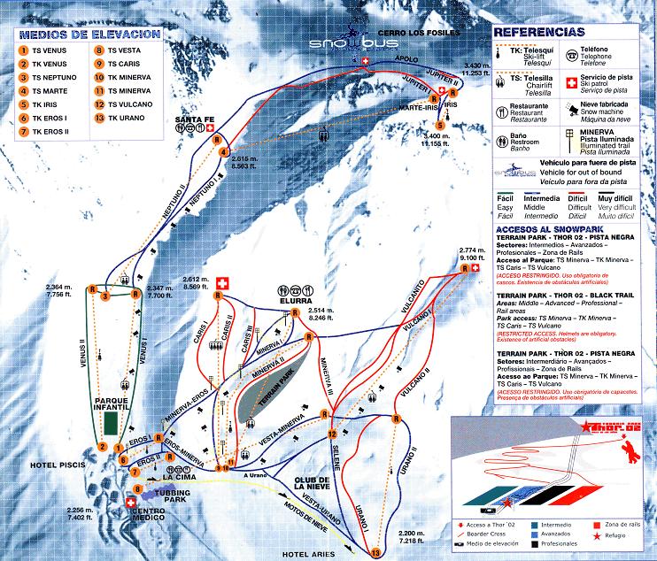Mapa de Pistas de Esqu de Las Leas Ski Resort - Ubicacin de las pistas de esqu:  Neptuno, Venus, Marte, Eros, Minerva, Vulcano, Urano, clasificacin de las pistas de esqu y de los medios de elevacin de Las Leas: Telesqui y Telesillas, acceso al snowpark